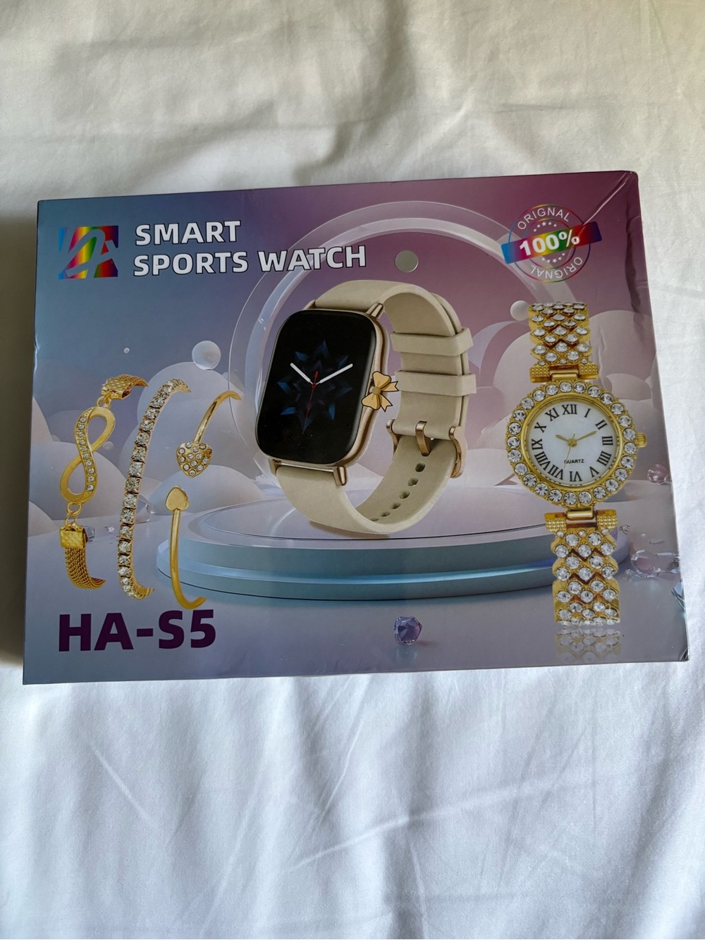 Beige and Gold Women's Bracelet-Style Watch and Charm Set